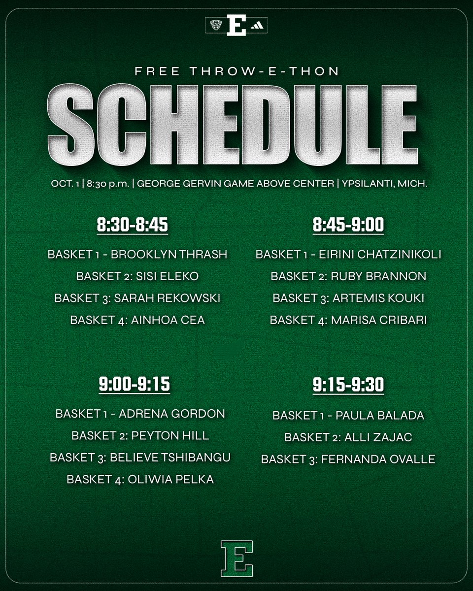 Free Throw-E-Thon Schedule Dropped🤩 

Pledge using the link below!👇

🔗tinyurl.com/2wt8afve

Make sure to tune in on IG live!

#EMUEagles | #GreenLightGO