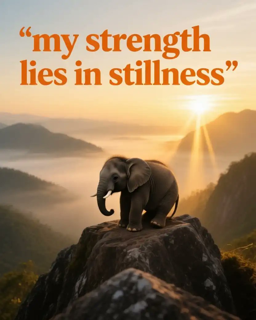 Ai Art Prompt Share Party 🎨👇

A tiny baby elephant sitting calmly on a rocky mountain peak at dawn, with golden rays illuminating a misty valley below. The affirmation 'My strength lies in stillness' shines in bold amber script. Cinematic realism style, dramatic and serene.