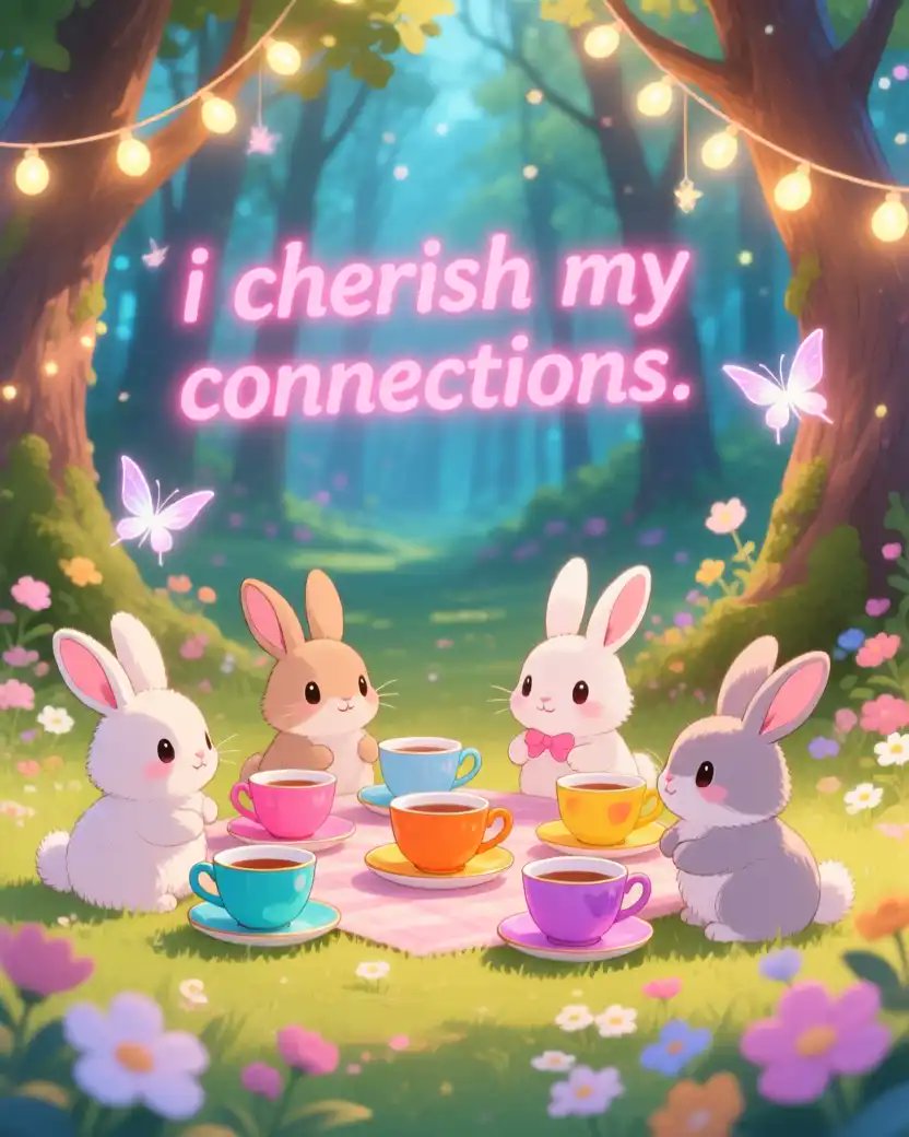 Ai Art Prompt Share Party 🎨👇

A group of baby bunnies hosting a tea party in a whimsical forest clearing, with colorful teacups and fairy lights hanging from trees. The affirmation 'I cherish my connections' glows in warm pink text. Anime style, bright and heartwarming