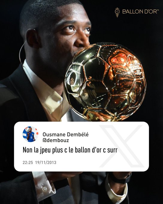 Ousmane Dembélé in a suit, holding a shiny Ballon d'Or trophy close to his face. A watermark from Ballon d'Or is visible.
