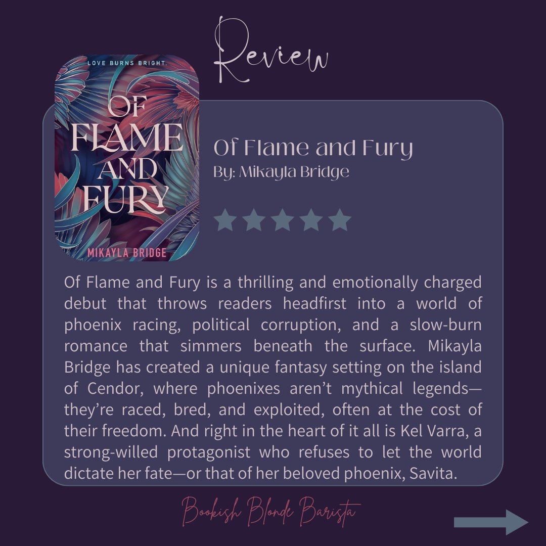 bookishbb's tweet image. Just devoured Of Flame and Fury by Mikayla Bridge 🔥
Phoenix races, rebellion, slow-burn romance, and a fiercely loyal heroine—what more could I ask for?
Gave it ⭐⭐⭐⭐. Needed a bit more world-building, but I’m hooked.

#OfFlameAndFury #BookReview #YAFantasy #Romantasy
