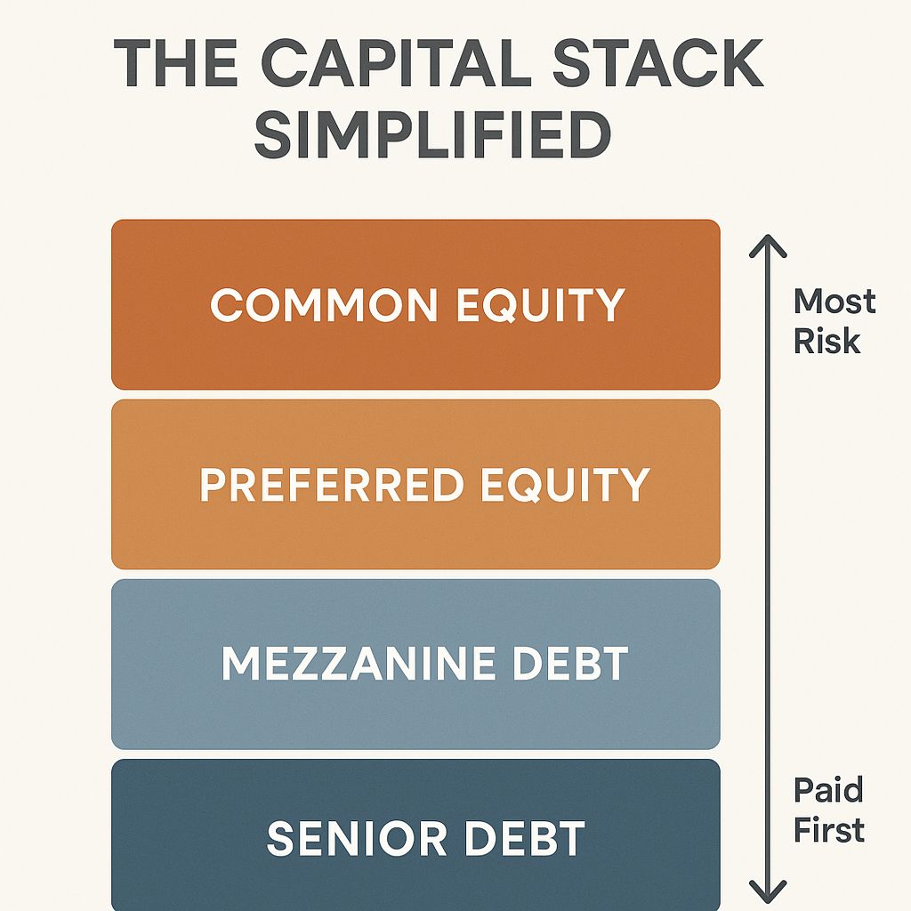 uemembers's tweet image. The capital stack, simplified:

→ Senior Debt = lowest risk, paid first
→ Mezzanine = middle ground
→ Preferred Equity = dividends first
→ Common Equity = upside + risk

Know the stack, know the game.
#CapitalMarkets #DFX