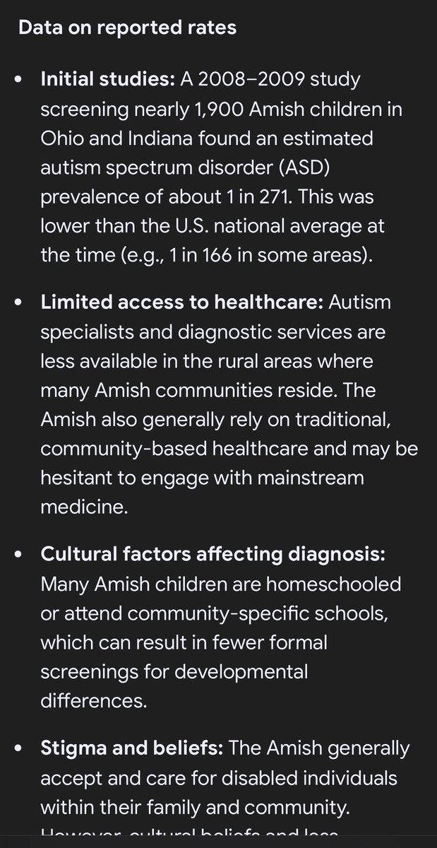 Trump just claimed that there’s is ‘virtually no autism among the Amish’.  #Autism

This is a blatant lie. While rates are slightly lower than general population - that slight difference can easily be explained by underreporting by Amish community and their reluctance to seek