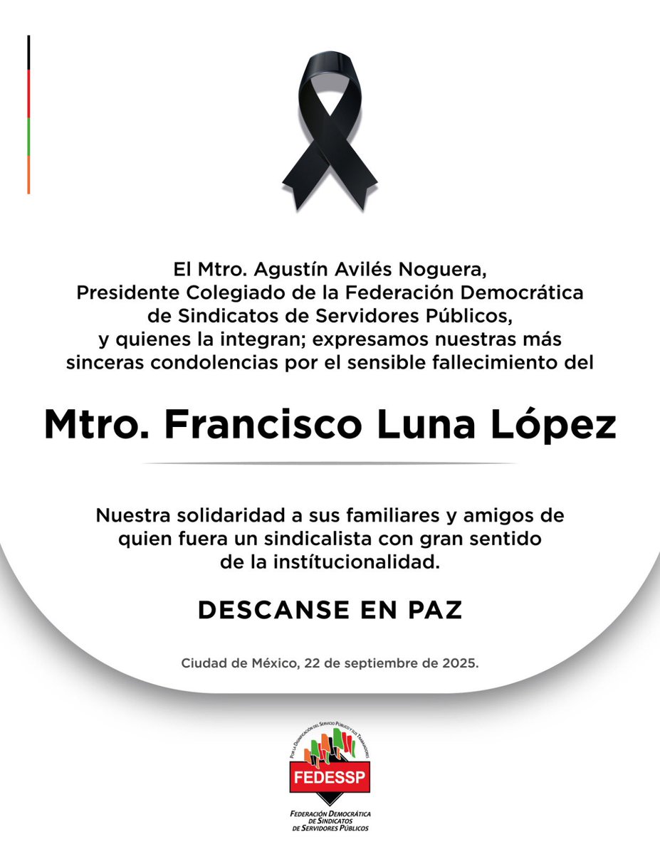 Con nuestra más amplia solidaridad a familiares y amigos.

#QEPD
<a href="/agusaviles1/">Agustín Avilés</a> <a href="/pedrojoseescar3/">pedro jose escarcega delgado</a> <a href="/censntsict/">SNTSICT</a> <a href="/marudavalos29/">Maru Dávalos</a> <a href="/mariogomezgg/">Mario  Gómez</a>