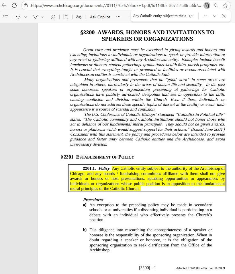FredSimonTLM's tweet photo. I wonder if @CardinalBCupich has read his own Archdiocesan guidelines for giving awards to “individuals whose public position is in opposition to the fundamental moral principles of the Catholic Church?” He insists on doing so with @SenatorDurbin https://t.co/27efJ31uS1