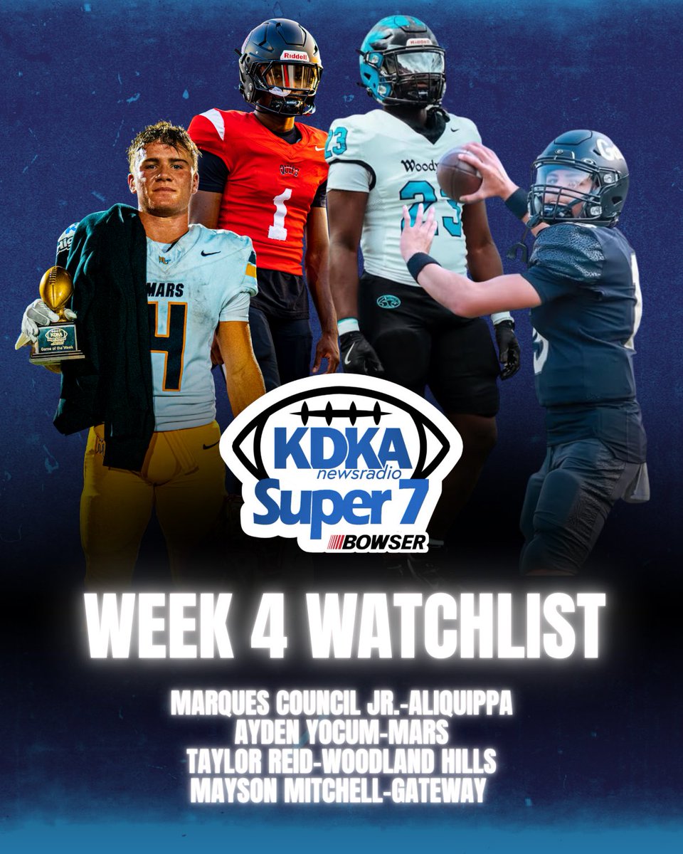 KDKARadio's tweet photo. Four playmakers to keep an eye on 👀
The KDKA Radio Super 7, powered by @bowserauto, Week 4 Watchlist is here:

🏈 Marques Council Jr. – Aliquippa
🏈 Ayden Yocum – Mars
🏈 Taylor Reid – Woodland Hills
🏈 Mayson Mitchell – Gateway

Full article: https://t.co/6chAO7bBjg

#KDKASuper7 #WPIAL #PowerOfBowser