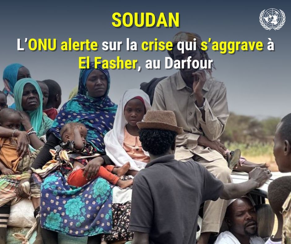 #Soudan | Détérioration rapide de la situation à El Fasher, capitale du Darfour du Nord:

<a href="/antonioguterres/">António Guterres</a> appelle à une cessation immédiate des hostilités, à la protection des civils, à la facilitation d'un accès humanitaire sûr, sans entrave &amp; durable.

buff.ly/kHDsrs1