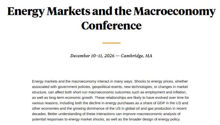 Open call for papers, Energy Markets and the Macroeconomy Conference. Meeting to be held in Cambridge on December 10–11, 2026. Submit papers by 11:59pm EDT on November 19, 2025. More information: nber.org/calls-papers-a…
