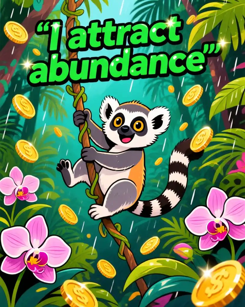 Ai Art Prompt Share Party 🎨👇

A cheerful baby lemur swinging on a vine in a tropical rainforest, with blooming orchids and golden coins raining gently around. The affirmation 'I attract abundance' sparkles in emerald green text. Pop art style, bold and vibrant.