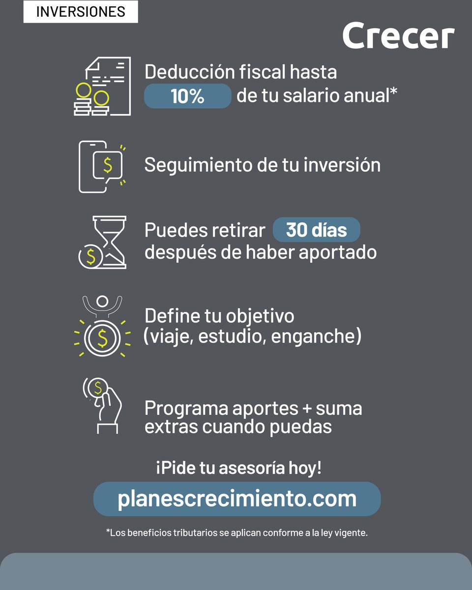 El *Plan Dinámico CreCimiento* te permite invertir desde $250, definir tus metas y retirar desde 30 días. Disfruta de asesoría personalizada, seguimiento en línea y beneficios fiscales hasta del 10%. ¡Comienza hoy y adapta tu ahorro a tu ritmo! 📈👌 #PlanesCreCimiento