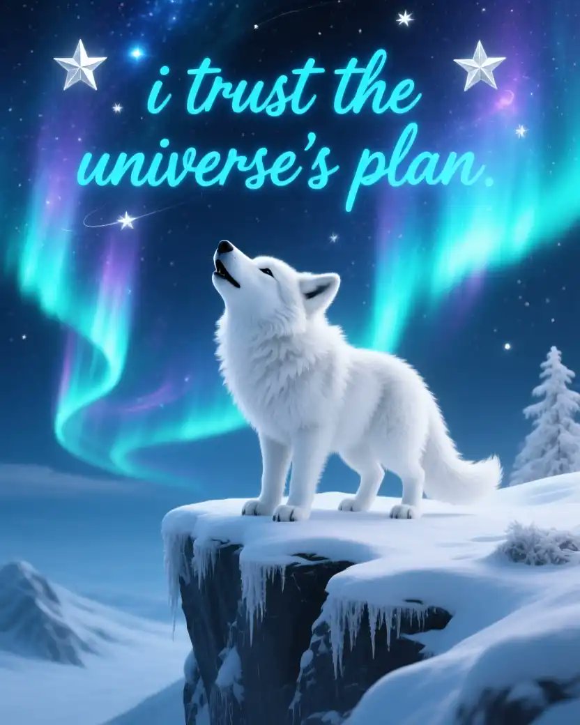 Ai Art Prompt Share Party 🎨👇

A majestic baby white wolf howling softly on a snowy cliff under a vibrant aurora borealis, with silver stars swirling above. The affirmation 'I trust the universe’s plan' shimmers in cosmic blue script. 3D digital render, ethereal and celestial