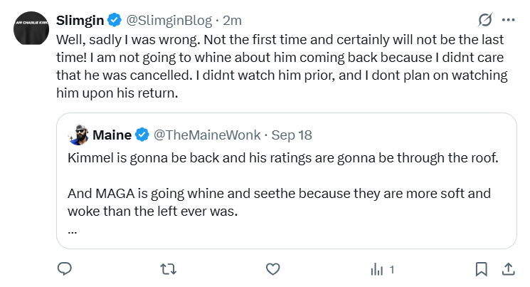 SlimginBlog's tweet image. So now that ABC is letting @jimmykimmel return, are all the people who spoke such vitriolic and hateful words against President @realDonaldTrump going to apologize? Probably not! I did, but that doesn't mean a great deal!