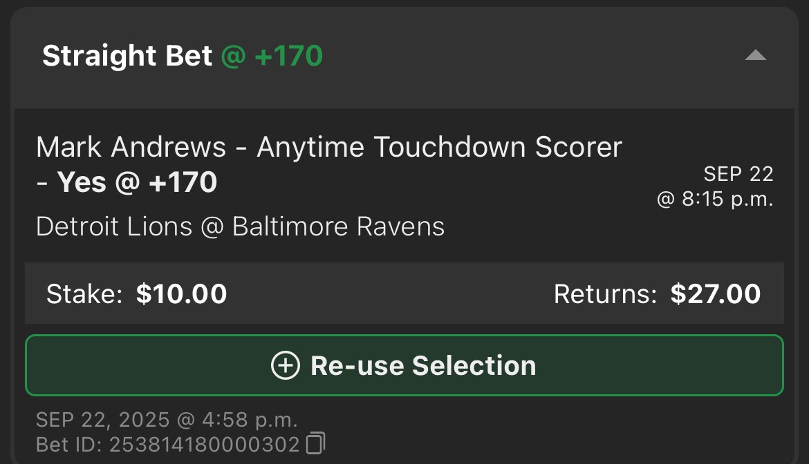 Lions 🦁 vs Ravens 🟣 We’re locking in Mark Andrews Anytime TD as tonight’s free play.
With Isaiah Likely OUT, Andrews becomes Lamar’s #1 red-zone weapon. Detroit’s defense has struggled vs tight ends in compressed fields, and Andrews is primed for a big night under the lights