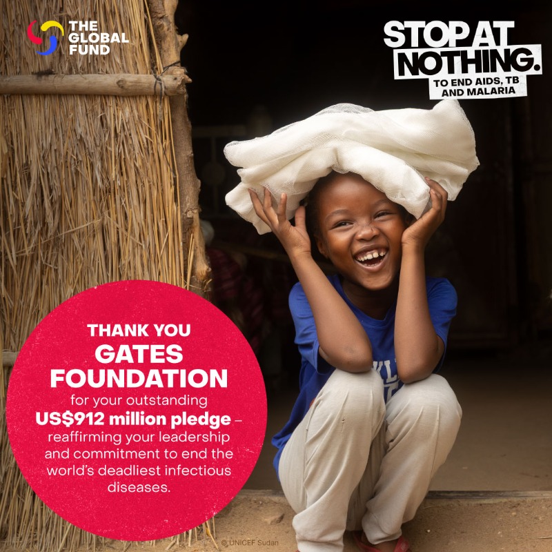 GlobalFund's tweet photo. Great news! @GatesFoundation pledges US$912 million to the @GlobalFund's Eighth Replenishment – reaffirming its leadership and commitment to end AIDS, TB and malaria and save lives.

Working together, we will #StopAtNothing to defeat the world’s deadliest diseases. 

@BillGates