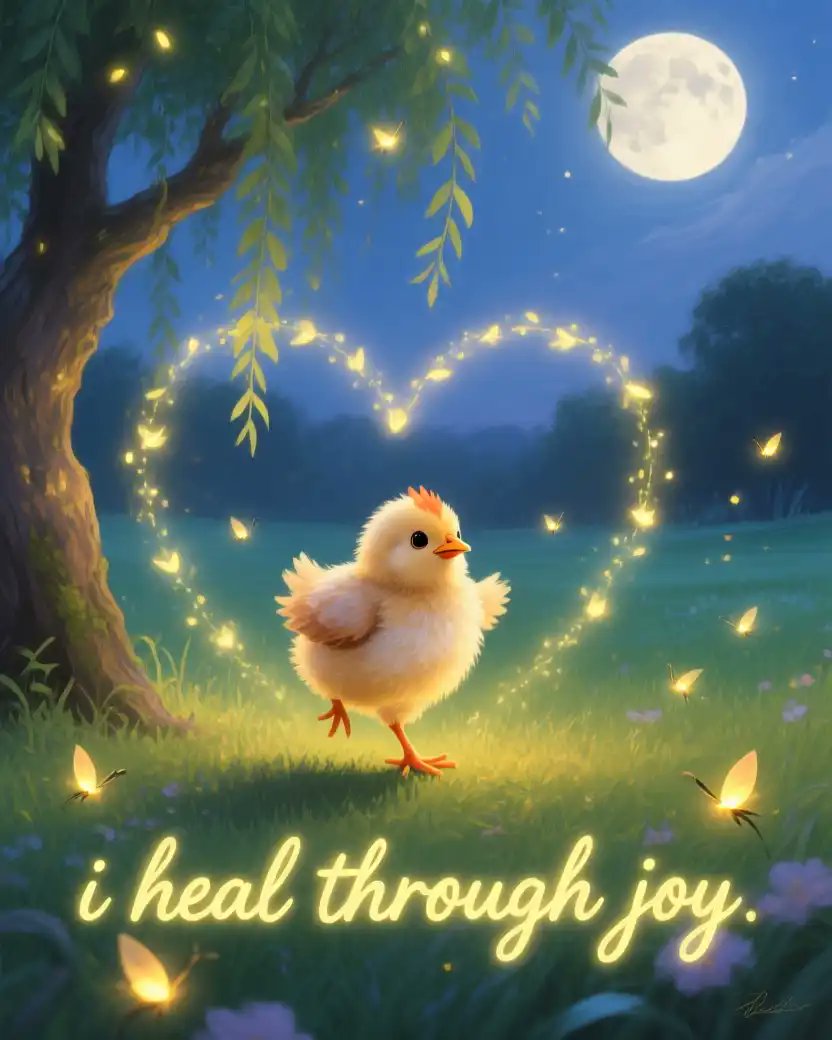 Ai Art Prompt Share Party 🎨👇

A fluffy baby chick dancing under a glowing willow tree in a moonlit meadow, with soft fireflies forming a heart shape. The affirmation 'I heal through joy' glows in pastel yellow cursive. Oil painting style, soothing and magical