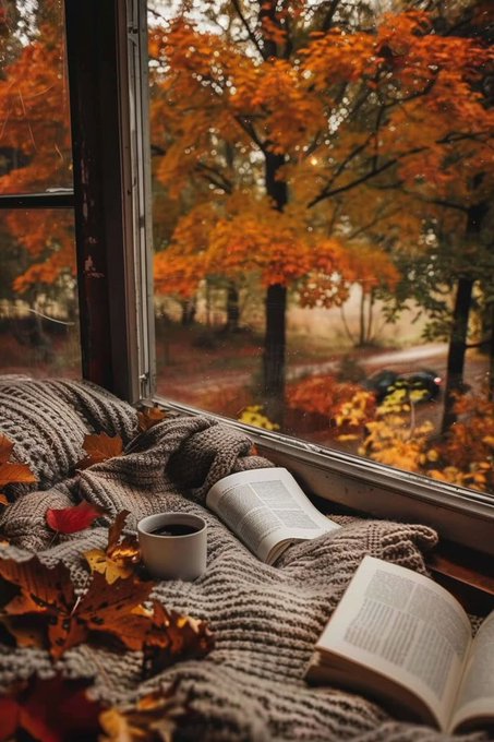 A cozy scene inside a room with an open window revealing a forest of vibrant orange and yellow autumn leaves on trees. A knitted blanket, two open books, a white mug, and scattered autumn leaves rest on a windowsill or bed near the window.