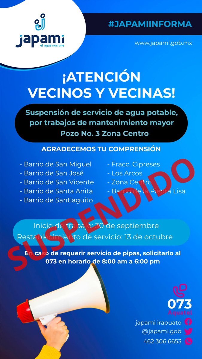 Informamos a las y usuarias y usuarios abastecidos por el pozo No.3 que el servicio de mantenimiento programado ha sido pospuesto hasta nuevo aviso. ❌

Les mantendremos informados sobre la nueva fecha de intervención en cuanto sea reprogramada. 📅