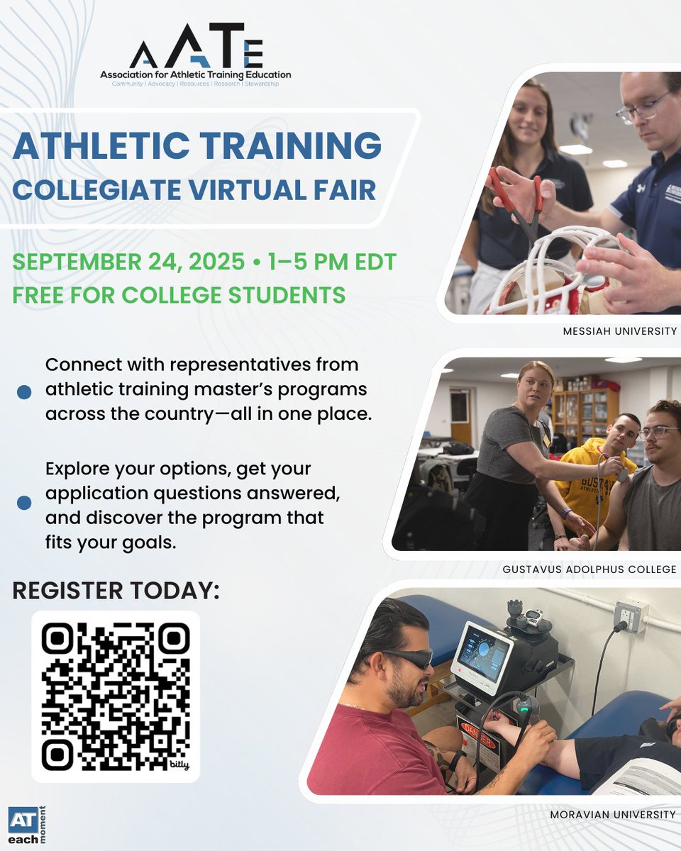 AT_EachMoment's tweet photo. Don’t miss out—register today for the AATE Collegiate Virtual Fair! 🎓

✅ Free &amp; Online
✅ 40 AT master’s programs eager to meet you

See the full lineup + save your spot now: https://t.co/88v5LuVSb7

#VirtualFair #FreeEvent #CollegeStudents https://t.co/w09aCmPy9p