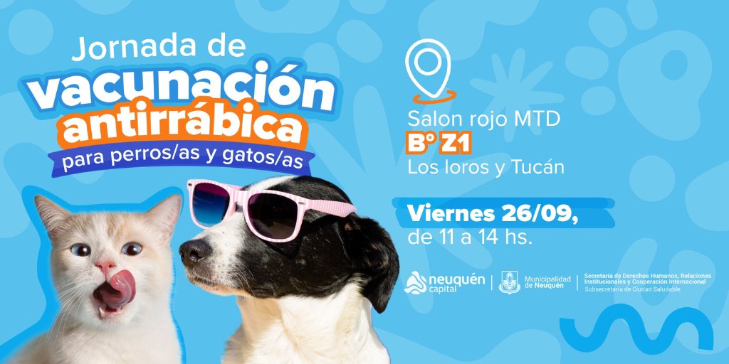 DDHH_RI_CI's tweet image. 💉🐶🐱 #VacunaciónAntirrábica en Neuquén

👉 Sin turno previo, por orden de llegada
💊 Entrega de pastillas de #Desparasitación (+4 meses)
🗣 Charlas de #CuidadoResponsable y #DerechoAnimal

🔵 Vacunas hasta agotar stock
#BienestarAnimal #CiudadSaludable