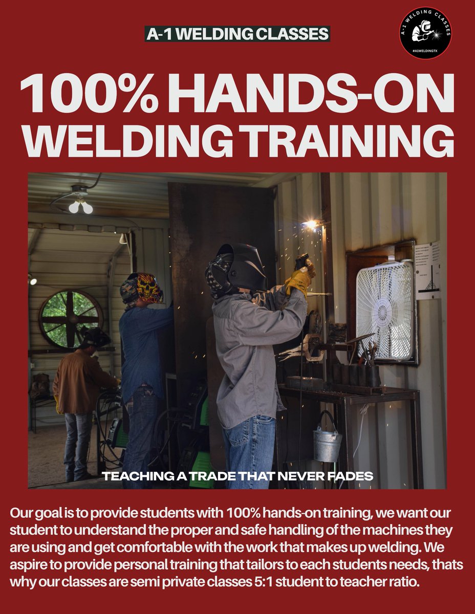 a1weldingtx's tweet photo. Ready to start your Welding Journey or Need to freshen up on your Welding Skills?
We have the perfect opportunity for you with our Semi Private classes, 100% Hands On Welding Training and No book work, just straight Welding.
https://t.co/m8w7jCKF5Z https://t.co/B9nChVF9WE