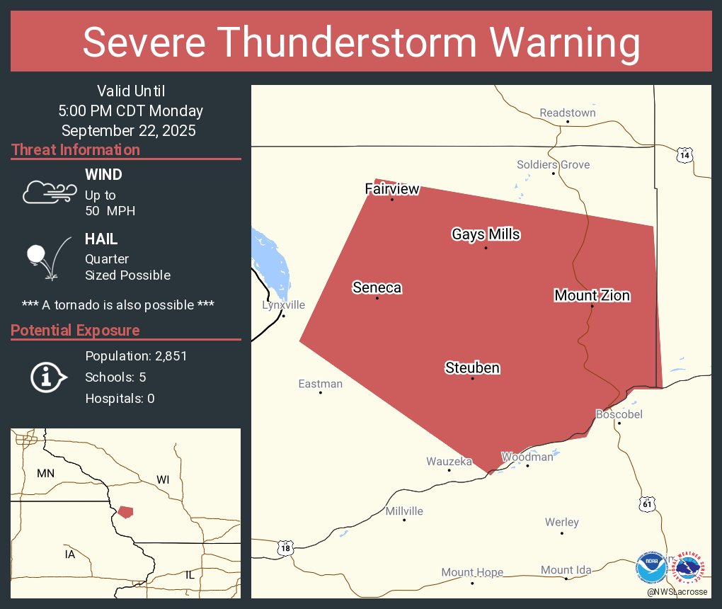 Severe Thunderstorm Warning including Gays Mills WI, Mount Sterling WI and  Steuben WI until 5:00 PM CDT