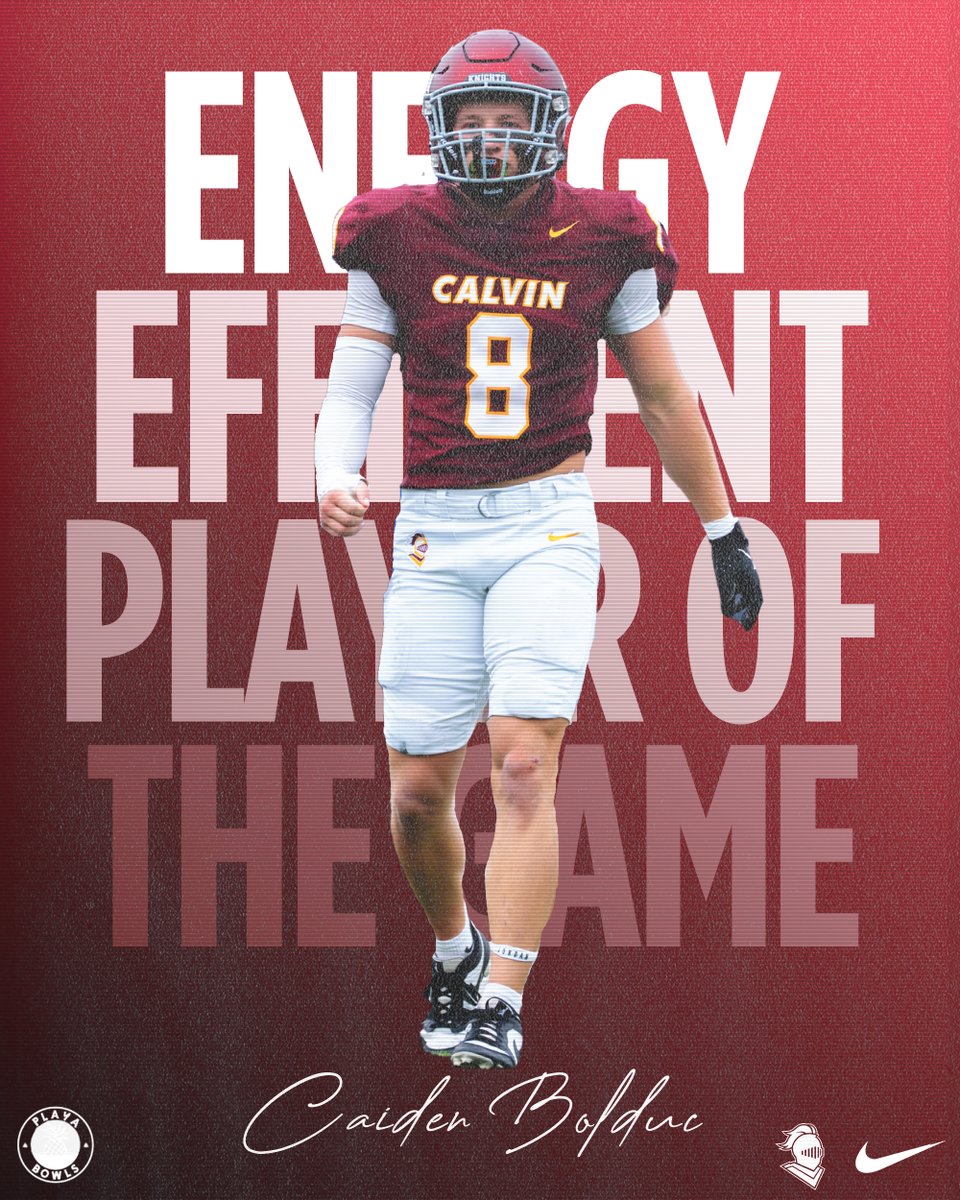 CalvinKnightsFB's tweet photo. Starting outside linebacker Caiden Bolduc brought the energy in Saturday's game against Heidelberg, racking up 7 solo tackles. Caiden has been named the Playa Bowls Energy Efficient Player of the Game. Congratulations, Caiden! #d3fb #GoKnights ⚔️📷 https://t.co/Qhw2c7mZcj