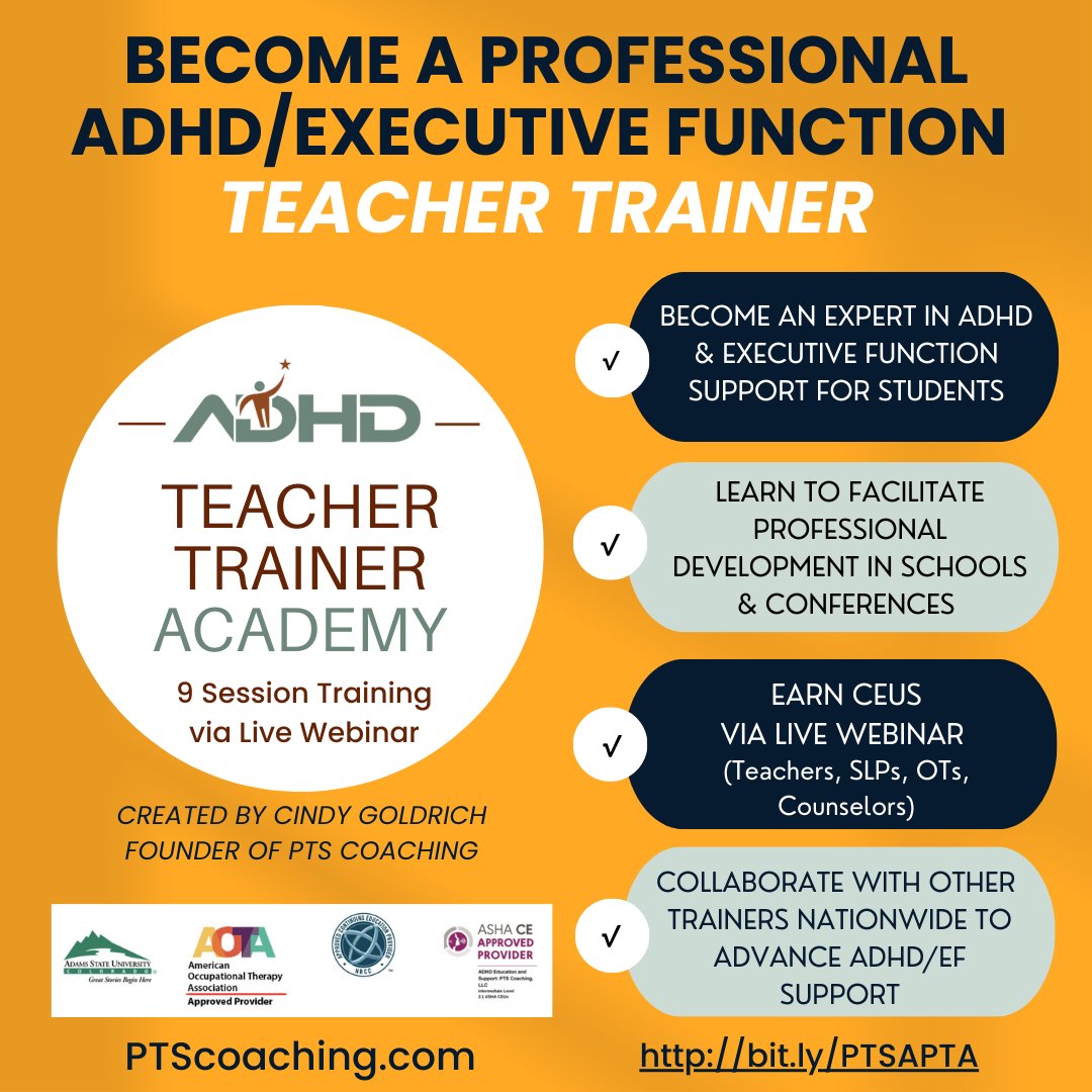 Become an ADHD Expert in Schools

ADHD Teacher Trainer Academy© Begins October 14th

REGISTER HERE: ptscoaching.com/adhd-professio…