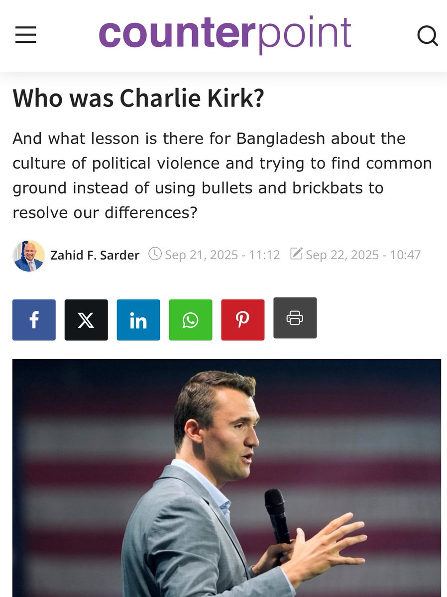 Who was <a href="/charliekirk11/">Charlie Kirk</a>?

And what lesson is there for Bangladesh about the culture of political violence and trying to find common ground instead of using bullets and brickbats to resolve our differences?—By, Zahid F Sarder Saddi 

counterpointbd.com/Charlie-Kirk,-…