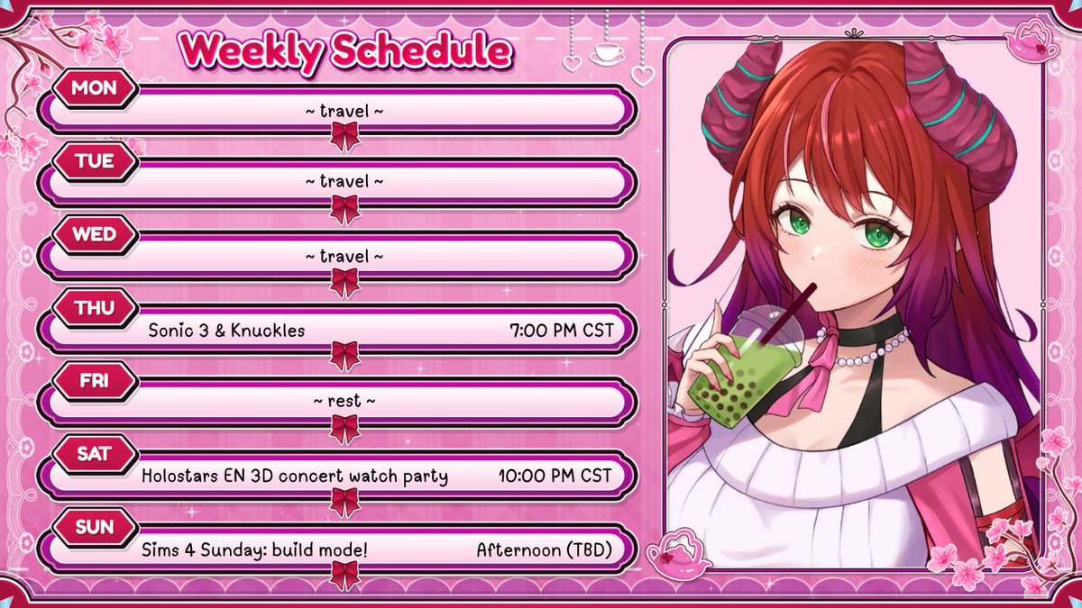 Lots on the schedule this week: Sonic, The Sims, a 3D concert reaction collab, and a VR convention!

Stay tuned for more news on <a href="/virtukukuCon/">VirtuKuKu | VR CHAT VTUBER CONVENTION</a> -- I'll be participating both Saturday and Sunday 🍵🐉

Hope to see you there!

#VTuber #ENVtuber