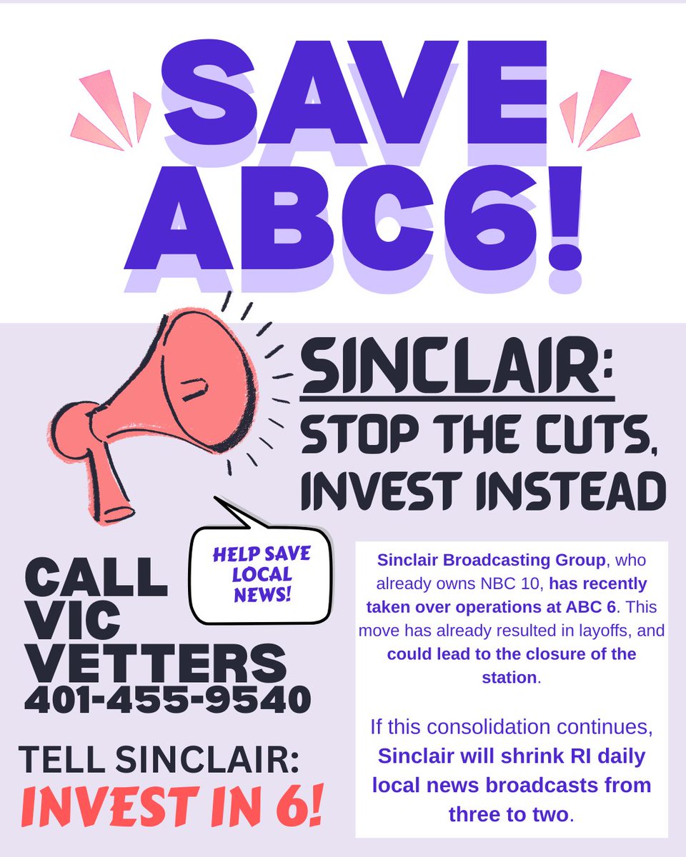 WLNEUnion's tweet image. Save ABC6! The consolidation of RI local news at the hands of Sinclair jeopardizes the balance of unbiased journalism and threatens union jobs. ABC6 deserves to stay a distinct live broadcast from NBC10, and maintain every current employee. Stand with ABC6 against monopolization!