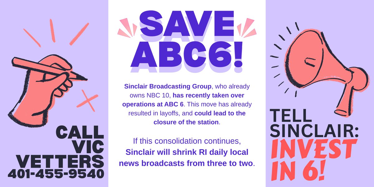 WLNEUnion's tweet image. Save ABC6! The consolidation of RI local news at the hands of Sinclair jeopardizes the balance of unbiased journalism and threatens union jobs. ABC6 deserves to stay a distinct live broadcast from NBC10, and maintain every current employee. Stand with ABC6 against monopolization!