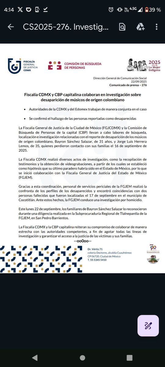 #Atención | La Fiscalía de Ciudad de México confirmó que los cuerpos de B-King y Regio Clown fueron localizados el 17 de septiembre y tras investigaciones pudieron confirmar que se trataba de los colombianos desaparecidos. Las autoridades investigan el hecho como un homicidio.