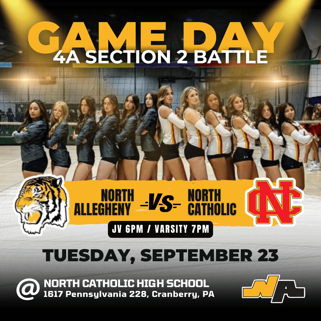 nagirlsvb's tweet photo. 🏐🏐🖤 NA BLACK-OUT!! Let's all show up at North Catholic tonight in our BLACK NA fan attire to support our Tigers as they battle the Trojans for the top spot in 4A Section 2!! Will be a great matchup of 2 very talented teams! 🖤🏐🏐
JV 6pm / Varsity 7:30pm. 
@NATigerAthletic https://t.co/E4Fh61bgrd