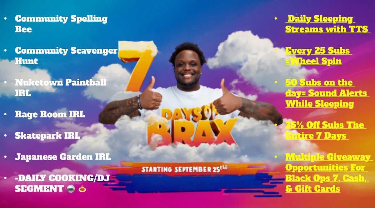 BraxisHim_'s tweet photo. 🍿7 DAYS OF BRAX 🍿 CELEBRATING 3 YEARS ON TWITCH🍿24/7 LIVE STREAMS FOR 7 DAYS 🍿STARTING SEPTEMBER 25TH🍿 https://t.co/0JmvaL5ByP