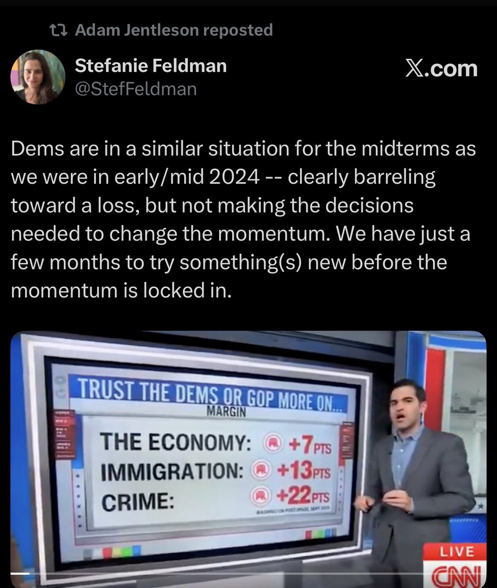 admcrlsn's tweet image. Jentleson retweeting someone cherry picking *Democrats Are Doomed in 2026* data even though Dems lead by 3-5 points in every generic congressional ballot polling average is just too perfect.
I wonder if any of this is out of self-interest so people listen to his proposed fixes?