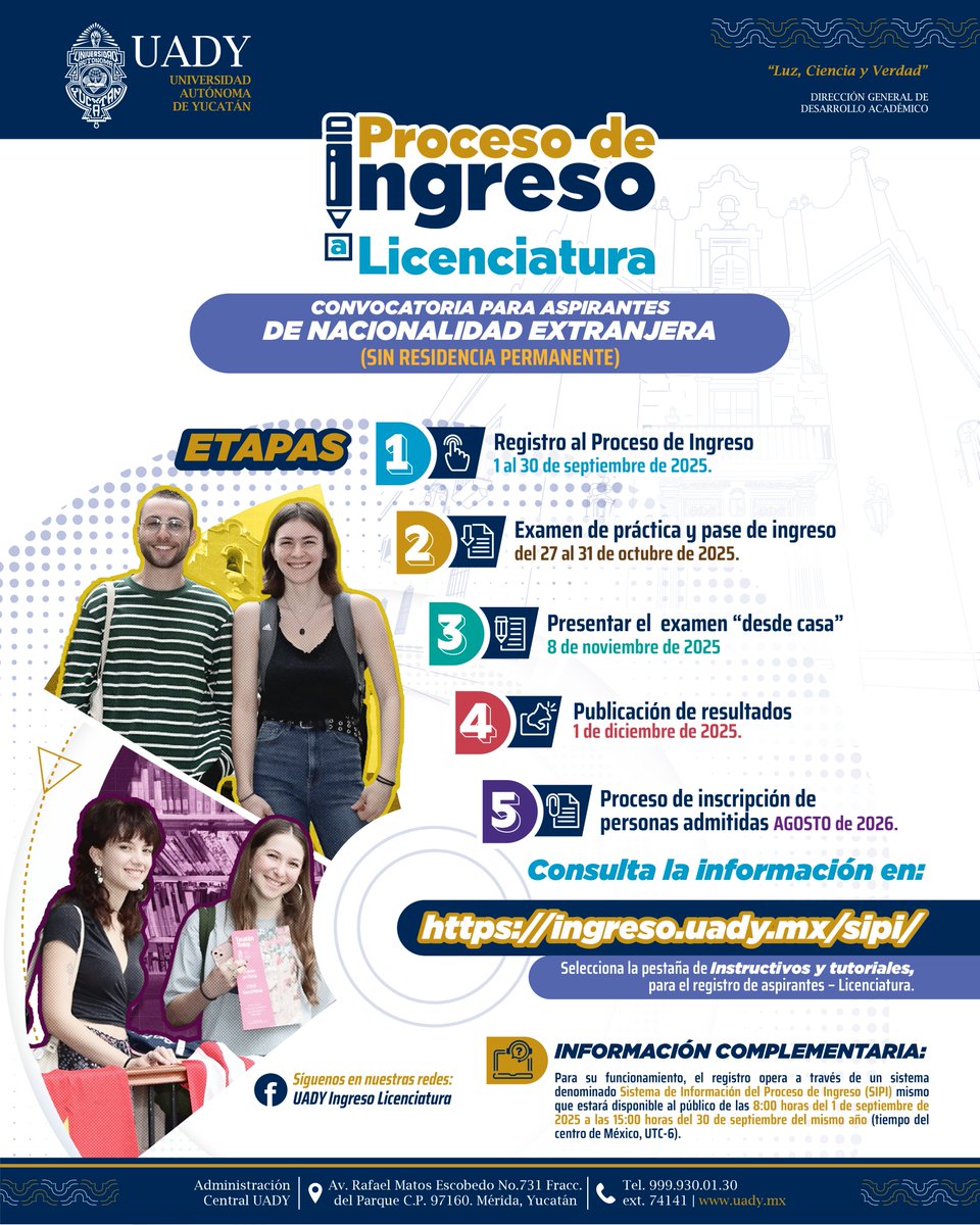 Columbus_1987's tweet photo. 📣 La @UADYoficial Universidad Autónoma de Yucatán abre convocatoria para el ingreso a licenciatura enfocada a estudiantes internacionales (no mexicanos).
🔗Conozca más: ⬇️ https://t.co/8Xxpc1YqQu https://t.co/EprD50H7gs