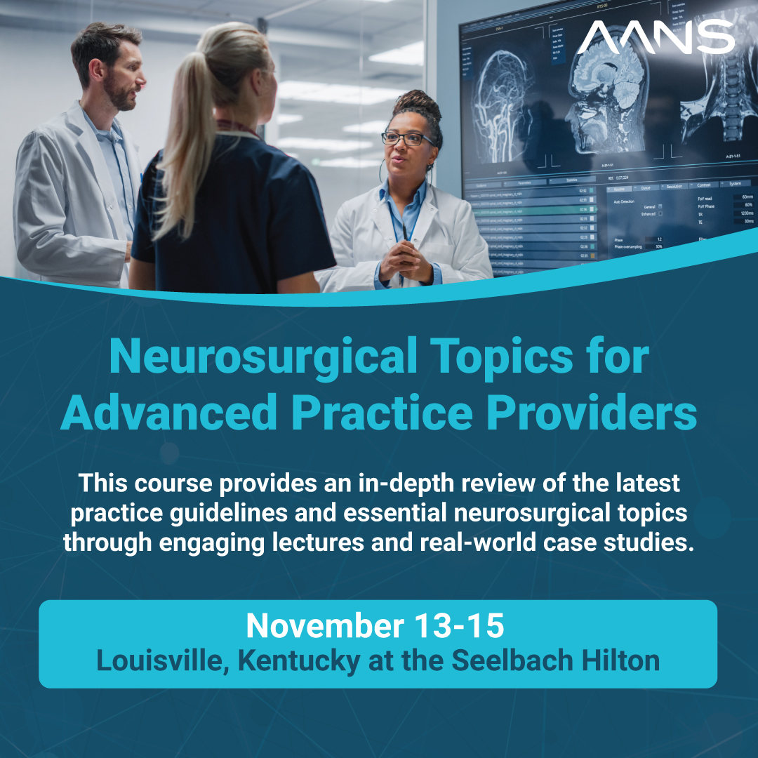 LindyDrollinger's tweet photo. Join me at the AANS Neurosurgical Topics for the APP Course, Nov 13–15 in Louisville, KY. This in-person course offers insights from neurosurgeons and experienced APPs tailored to practice setting and experience level. Neurosurgeons tell your APPs!

https://t.co/cmXF7RAx2f https://t.co/EzEkjmcjuK