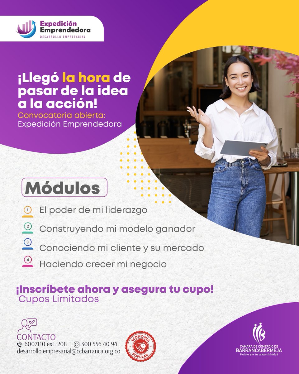 ¡Llegó el momento de impulsar tu emprendimiento! 

La Cámara de Comercio de Barrancabermeja abre la convocatoria al Programa Expedición Emprendedora

 4 sesiones, diseñadas para que lleves tu negocio al siguiente nivel-Cupos limitados
 Inscríbete aquí: forms.gle/smPosC7kfP8wWz…