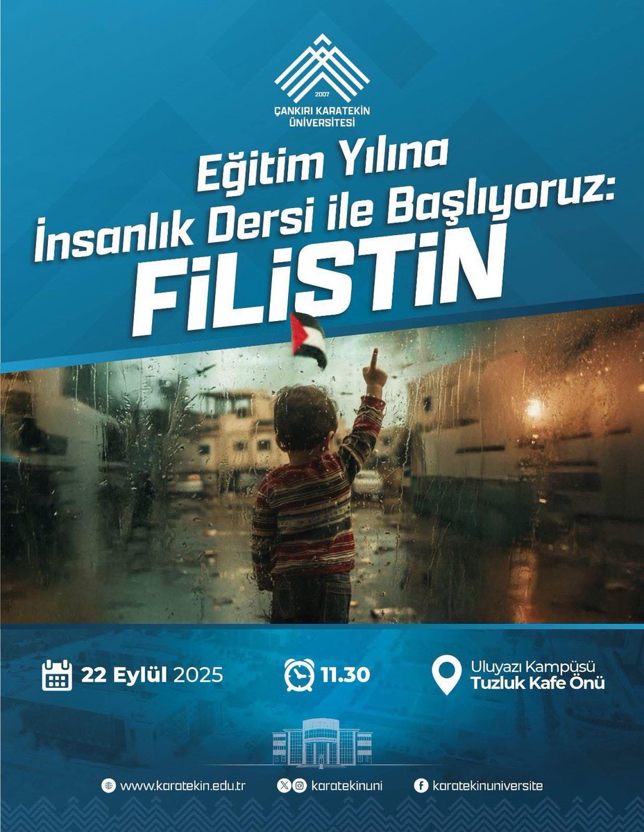 📍Çankırı Karatekin Üniversitesi  
“Eğitim Yılına İnsanlık Dersiyle Başlıyoruz: FİLİSTİN” 🇵🇸  

“2025-2026 Eğitim Öğretim Yılı” akademik açılış programına katılım sağladık.

Programda emeği geçen herkese teşekkür ediyoruz.  
#ÖzgürFilistin 🇵🇸