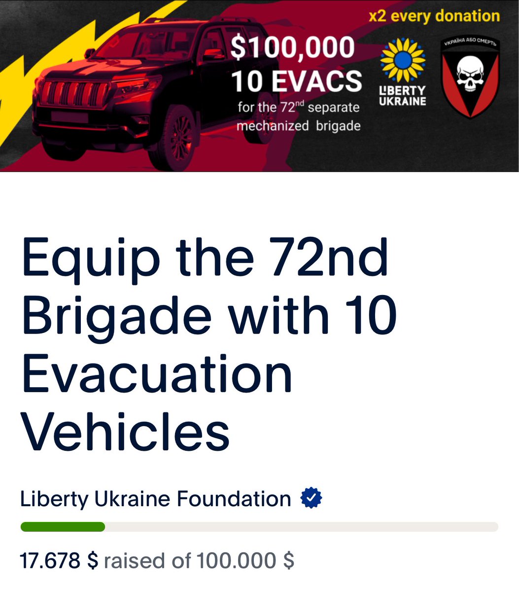 Over $17k raised. That’s almost two evacuation vehicles.

But the goal is 10. Ten vehicles = full mobility. Ten vehicles = no soldier left waiting.

Each one is about $10,000. And with the match, every dollar right now is worth two.

We don’t stop at two. We keep driving until