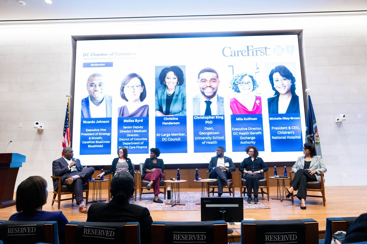 Georgetown's tweet image. Today, the @DCChamber held its annual State of the District &amp;amp; Region Conference at Georgetown’s Capitol Campus. The program began with remarks by Interim Georgetown President Robert M. Groves, followed by a keynote from @MayorBowser.