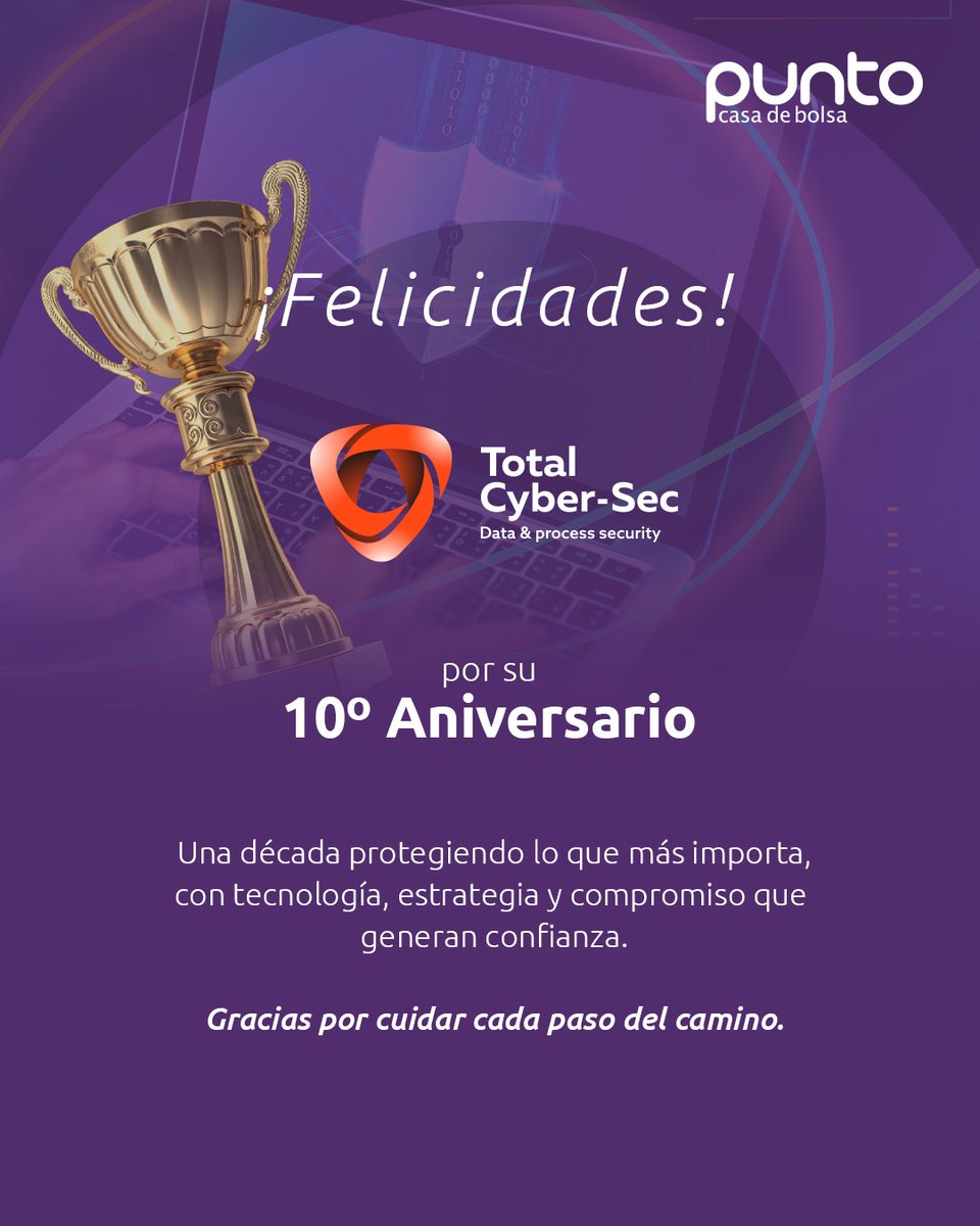 PuntoCasaBolsa's tweet image. 🎉🎉Desde Punto Casa de Bolsa reconocemos los 10 años de trayectoria de @totalcybersec , una empresa que ha fortalecido la seguridad con visión, capacidad operativa y alto compromiso.💻🖥️
¡Felicidades por este gran logro!

#TotalCyberSec  #10Años #Aniversario #PuntoCasaDeBolsa…