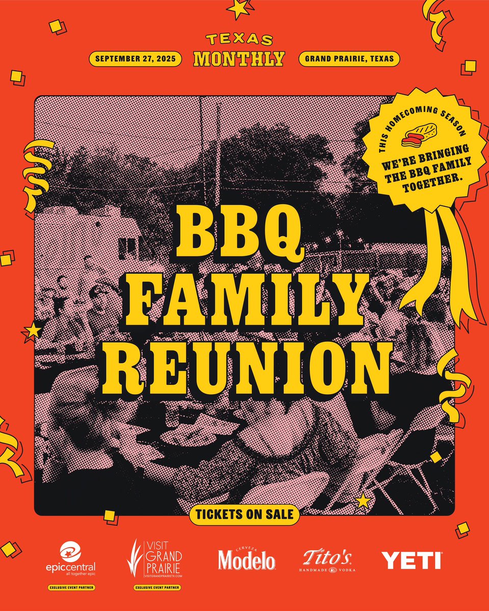 The first-ever <a href="/TexasMonthly/">Texas Monthly</a> BBQ Family Reunion takes place in
Grand Prairie on Sept. 27, bringing an incredible evening of smoky bites, two‑stepping, and everything to love about Texas 'cue. It’s a homecoming celebration, and you’re on the guest list!

🎟️: