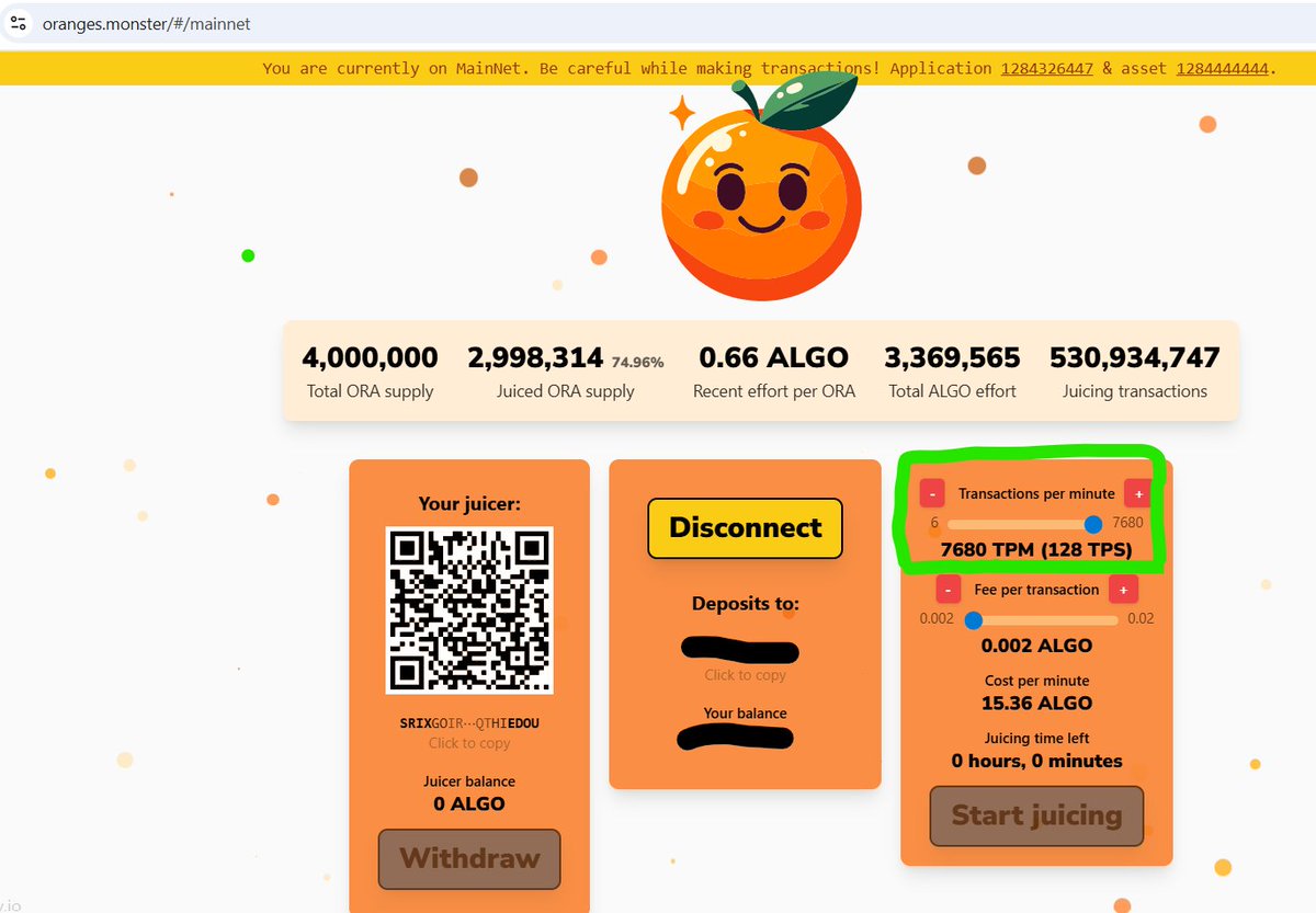 OrangesMeme's tweet image. 1) Event starts on 9/23 at 10:00 AM (EST) and will run for 4-5 minutes.

2) Maxing out the oranges.monster juicer (128 TPS) at the minium fee costs roughly 15.4 $ALGO per minute or about 60-70 ALGO total over 4-5 min.