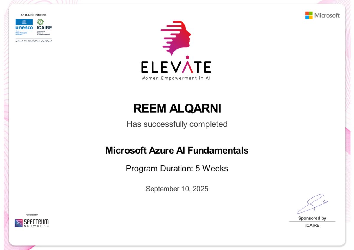 ReAI6e's tweet image. Thrilled to share that I’ve completed the Azure AI Fundamentals course through the Women Elevate program, sponsored by ICAIRE! Empowering myself with AI skills to shape the future of tech. Thank you, #SpectrumNetworks #Microsoft, for this incredible learning journey! ✨✨
