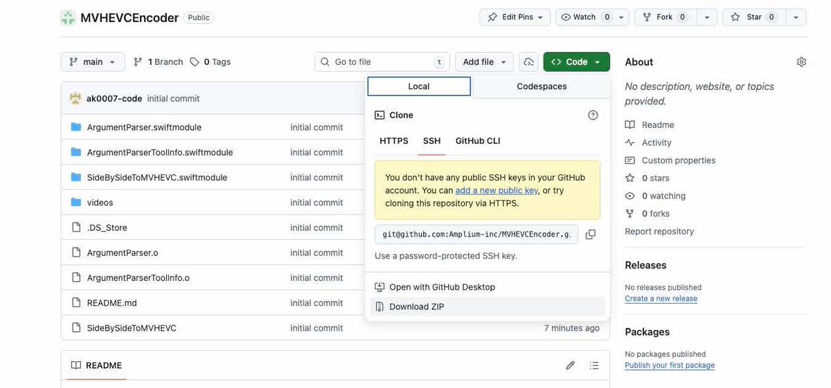 github.com/Amplium-inc/MV…

ProResからMVHEVC(.mov)に変換できるツールを公開しました。添付写真のDownload Zipからダウンロードしてお使いください。

変換後、MVHEVC(.mov)と.aimeをセットでAIVUに突っ込めば.aivuを生成できます。

Bundleで書き出したProResからMVHEVCにしたいクリエイターさん用