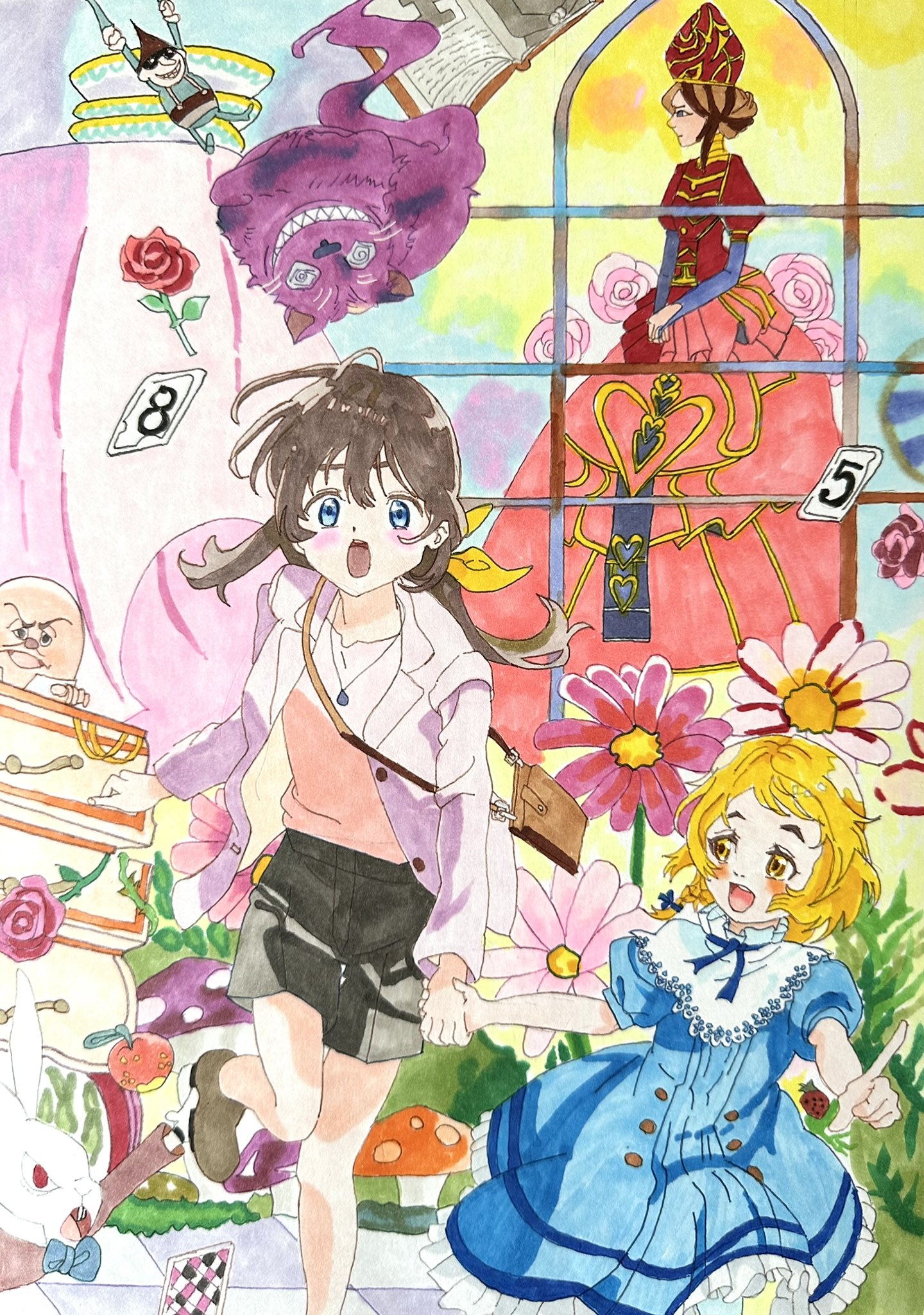 1348】【不思議の国のアリスの絵】手描きアナログ創作自作コピック