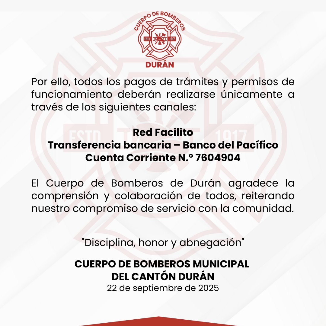 📢 ¡Atención ciudadanía!
Desde hoy, Caja y Tesorería de <a href="/BomberosDuran/">Bomberos Durán</a> operan vía 🧑‍💻 teletrabajo por actualización del sistema.
💳 Pagos por:
✔️ Red Facilito
✔️ Transferencia – Banco del Pacífico
🧾 Cta. Cte. N.º 7604904
🔥 Disciplina, Honor y Abnegación 🔥
#ComunicadoOficial