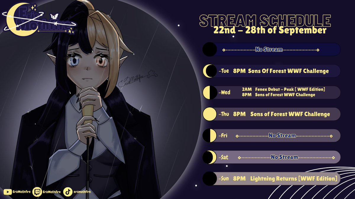Schedule TIME 💖✨

Twitch: twitch.tv/erismothfire
YouTube: youtube.com/@ErisMothfire   
TikTok: tiktok.com/@erismothfire 

Art Tags: #MothfireArt #MothfireWild 

More below 🔽