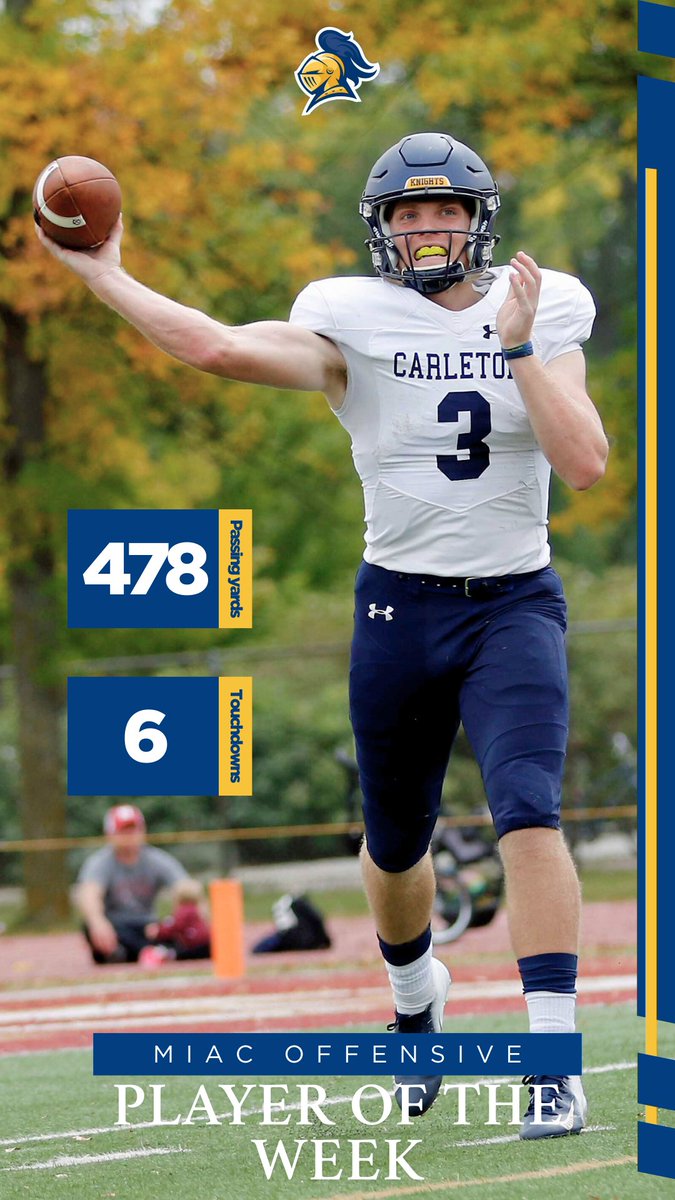 CarletonFB's tweet image. Jack Curtis was awarded MIAC Offensive Player of the Week for his performance last Saturday vs Macalester. 

Jack threw for 478 yards and 6 TDs in 3 quarters to open conference play in an effort to keep possession of the &apos;Book of Knowledge&apos; trophy! 

#KeepStackin